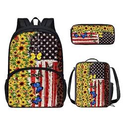 POLERO Rucksack für Mädchen und Jungen, niedliches Federmäppchen, Lunchbox, Schulbüchertaschen-Set, Sonnenblume Schmetterling Flagge, Einheitsgröße, Kinderrucksack von POLERO