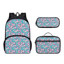 POLERO Schulrucksack-Set 3-teilig Casual Daypacks Büchertasche mit Lunchbox Federmäppchen, Axolotls, Einheitsgröße, Kinderrucksack von POLERO