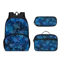 POLERO Schulrucksack-Set 3-teilig Casual Daypacks Büchertasche mit Lunchbox Federmäppchen, Blaue Meeresschildkröte, Einheitsgröße, Kinderrucksack von POLERO