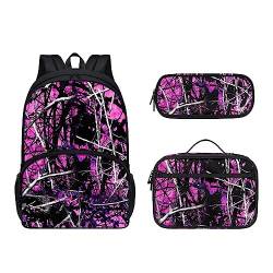 POLERO Schulrucksack-Set 3-teilig Casual Daypacks Büchertasche mit Lunchbox Federmäppchen, Camo Pink, Einheitsgröße, Kinderrucksack von POLERO