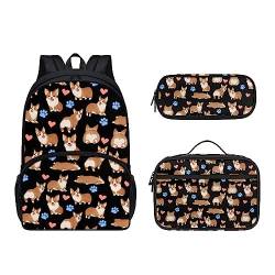 POLERO Schulrucksack-Set 3-teilig Casual Daypacks Büchertasche mit Lunchbox Federmäppchen, Corgi Dogs, Einheitsgröße, Kinderrucksack von POLERO