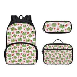 POLERO Schulrucksack-Set 3-teilig Casual Daypacks Büchertasche mit Lunchbox Federmäppchen, Erdbeer-Frosch, Einheitsgröße, Kinderrucksack von POLERO