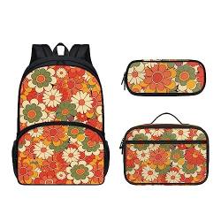 POLERO Schulrucksack-Set 3-teilig Casual Daypacks Büchertasche mit Lunchbox Federmäppchen, Hippie-Blumen, Einheitsgröße, Kinderrucksack von POLERO