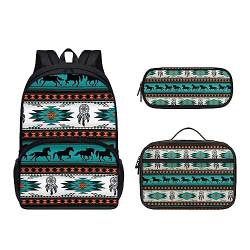 POLERO Schulrucksack-Set 3-teilig Casual Daypacks Büchertasche mit Lunchbox Federmäppchen, Tribal Horses, Einheitsgröße, Kinderrucksack von POLERO