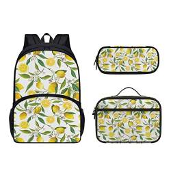 POLERO Schulrucksack-Set 3-teilig Casual Daypacks Büchertasche mit Lunchbox Federmäppchen, Zitronenblüte, Einheitsgröße, Kinderrucksack von POLERO