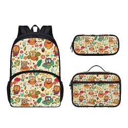 POLERO Schulrucksack-Set 3-teilig Casual Daypacks Büchertasche mit Lunchbox Federmäppchen, eule, Einheitsgröße, Kinderrucksack von POLERO