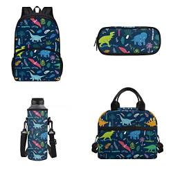 POLERO Schultaschen für Kinder, niedlicher Rucksack mit Lunch-Tasche, Wasserflasche, Federmäppchen, Cartoon-Dino, Einheitsgröße, Schulranzen-Set von POLERO