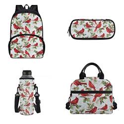 POLERO Schultaschen für Kinder, niedlicher Rucksack mit Lunch-Tasche, Wasserflasche, Federmäppchen, Kardinalvögel, Einheitsgröße, Schulranzen-Set von POLERO