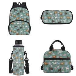 POLERO Schultaschen für Kinder, niedlicher Rucksack mit Lunchtasche, Wasserflasche, Federmäppchen, Pferde und Blumen, Einheitsgröße, Schulranzen-Set von POLERO