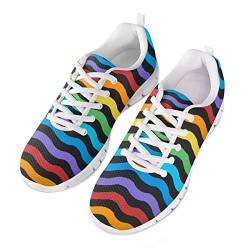 POLERO Schwarz Schillernde Wellenstreifen Regenbogenschuhe Atmungsaktive Damen Herren Slipper Bequeme Sneaker Sportschuhe Leichte Laufschuhe Laufgymnastikschuhe Schnürschuhe Freizeitschuhe 46 EU von POLERO