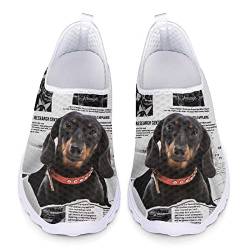 POLERO Schwarze Dackel Mesh-Schuhe für Frauen, 3D Print Cute Sausage Dog Slip On Schuhe, Casual Work Walking Schuhe, EU38 von POLERO