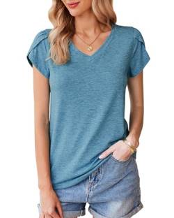 POMTIMCO Casual T-Shirt Damen Tunika Mit Flügelärmeln V-Ausschnitt Einfarbig Alltags Top (XXL,Blauer See) von POMTIMCO