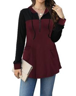 POMTIMCO Damen Pullover Hoodie V-Ausschnitt Sweatshirt Oberteile Tops Lang Kapuzenpullis (Weinrot,M) von POMTIMCO