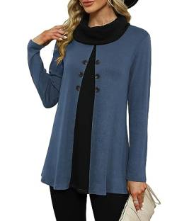 POMTIMCO Damenpulli mit Schalkragen Schickes Tunika Bluse Patchwork Farben Herbst Langarm Longshirt (XL,Blau) von POMTIMCO