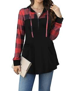 POMTIMCO Hoodie Damen Oversize Lang Sweatshirt KapuzenpulloverV Neck Pulli Shirt (Schwarz-rot kariert,XL) von POMTIMCO