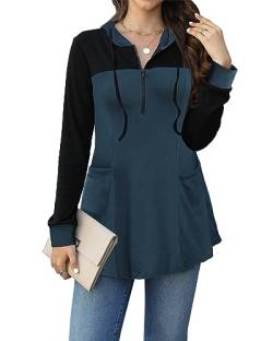 POMTIMCO Kapuzenpullover Damen Tunika Leicht Hooded Pullover Taschen Langarm Tops mit Kordelzug (Blau,XXL) von POMTIMCO