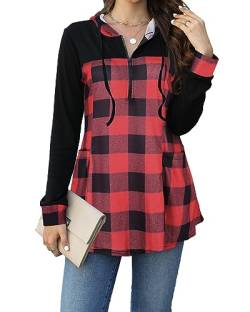 POMTIMCO Pullover Damen Hoodie V Ausschnitt Langarm Tunika Oversized Sweatshirt (Rot-schwarz kariert,L) von POMTIMCO