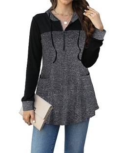 POMTIMCO Tunika Damen Elegant Kapuzenpullover Langarm Sweatshirt Bluse Tops (Grau-schwarz,XL) von POMTIMCO