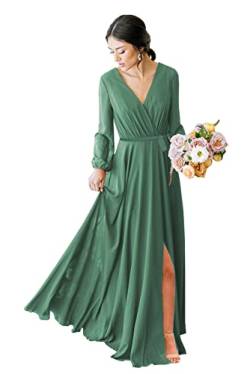POMUYOO Damen V-Ausschnitt Langarm Brautjungfernkleider Chiffon Faux Wrap Formal Prom Kleid mit Schlitz, Eukalyptus Grün, 44 von POMUYOO