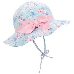Baby Sonnenhut Mädchen Verstellbarer Hut mit breiter Krempe Kinder Sonnenschutz UPF 50 Fischerhut für Mädchen Jungen Blaue Blumen 12-24 Monate von PONCEAU