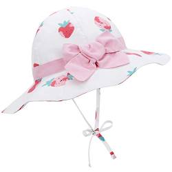 Baby Sonnenhut Mädchen Verstellbarer Hut mit breiter Krempe Kinder Sonnenschutz UPF 50 Fischerhut für Mädchen Jungen Weiß mit Erdbeere 4-8 Jahre von PONCEAU
