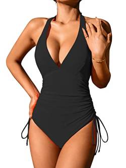 Damen Badeanzug V Ausschnitt Bauchweg Triangel Monokinis One Piece Push Up Einteilige Bademode Swimsuit von PONCEAU