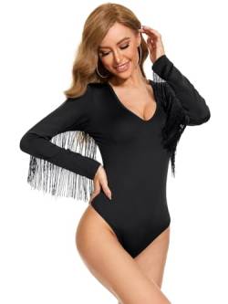 Damen Fransenbesatz V-Ausschnitt Langarm Bodysuit Top Outfits Disco Outfit Damenbody Langarmbody Sexy Elegant Bodysuit Tops Bodies Oberteil Bodycon Leotard Fitted Stretchy Top Overalls für Frauen von PONCEAU