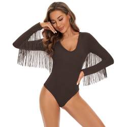 Damen Fransenbesatz V-Ausschnitt Langarm Bodysuit Top Outfits Disco Outfit Damenbody Langarmbody Sexy Elegant Bodysuit Tops Bodies Oberteil Bodycon Leotard Fitted Stretchy Top Overalls für Frauen von PONCEAU