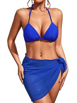 PONCEAU Damen 3-teilig Badeanzug Sexy Bikini Set Rope Tanga Triangel Bikini Bikinioberteil Strandmode Neckholder Badeanzug mit Sarong von PONCEAU