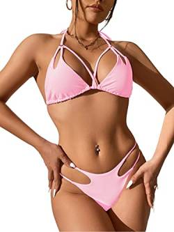 PONCEAU Damen Bikini Set Sexy String Tanga Bikini Neckholder Triangle Zweiteiliger Badeanzug Kreuz vorne High Waist Bademode Bikinioberteil Strandmode von PONCEAU