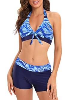 PONCEAU Damen-Bikinis-Set, 2-teilig, bedruckt, Bikini-Set, Oberteil mit Shorts, Strandkleidung, Damen-Badeanzüge, gepolstert, Blaue Ripple, L von PONCEAU