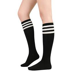 PONCEAU Damen Kniestrümpfe College Socken Strümpfe Klassische Lange Socken mit Streifen Sportsocken Knee High Socks für Mädchen Black White von PONCEAU