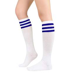 PONCEAU Damen Kniestrümpfe College Socken Strümpfe Klassische Lange Socken mit Streifen Sportsocken Knee High Socks für Mädchen White Blue von PONCEAU