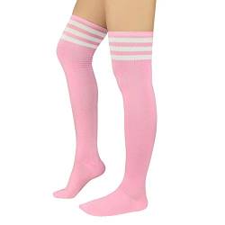 PONCEAU Damen Mädchen Kniestrümpfe Overknee Lange Streifen Strümpfe Oberschenkel Hohe Socken Leggings Strümpfe Sport Socken Rosa mit Weiß von PONCEAU