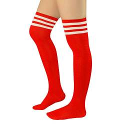 PONCEAU Damen Mädchen Kniestrümpfe Overknee Lange Streifen Strümpfe Oberschenkel Hohe Socken Leggings Strümpfe Sport Socken Rot mit Weiß von PONCEAU