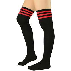 PONCEAU Damen Mädchen Kniestrümpfe Overknee Lange Streifen Strümpfe Oberschenkel Hohe Socken Leggings Strümpfe Sport Socken Schwarz mit Rot von PONCEAU