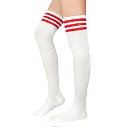 PONCEAU Damen Mädchen Kniestrümpfe Overknee Lange Streifen Strümpfe Oberschenkel Hohe Socken Leggings Strümpfe Sport Socken Weiß mit Rot von PONCEAU