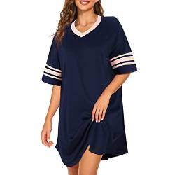 PONCEAU Damen Nachthemd V-Ausschnitt Kurzarm Weiche Schlafhemd Dehnbare Nachthemd aus Baumwolle Loungewear Leichte Sommer Sleepshirt Freizeitkleid Navy Blau von PONCEAU