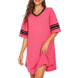 PONCEAU Damen Nachthemd V-Ausschnitt Kurzarm Weiche Schlafhemd Dehnbare Nachthemd aus Baumwolle Loungewear Leichte Sommer Sleepshirt Freizeitkleid Rosa von PONCEAU