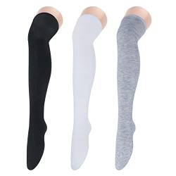 PONCEAU Damen Overknees Strümpfe Überknie Kniestrümpfe Lange Gestreifte Socken Lange Socken Beinwärmer Hoch Booten Strümpfe 3 Pairs Black White Grey von PONCEAU