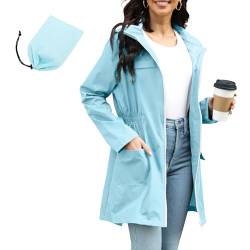 PONCEAU Damen Wasserdicht Regenjacke Atmungsaktiv Windbreaker Wetterfest Softshelljacke Leichte Jacke Atmungsaktive Packbare Lange Windbreaker Jacke für Frauen Regenmantel Wandern Fahrrad Regenponcho von PONCEAU