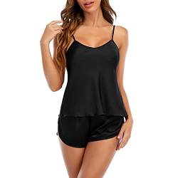 PONCEAU Schlafanzug Damen Kurz Hausanzug Ärmellos Cami Top Loungewear Sleepwear Einfarbig Sleepwear Sexy Nachtwäsche Kurz Ärmellos Dessous Cami Top von PONCEAU