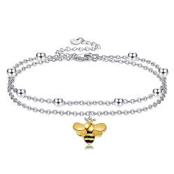 POPLYKE Biene Fußkettchen für Damen 925 Sterling Silber Doppelschichtige Kette Gold überzogene Biene Knöchel Armband Mädchen Sommer Strand Schmuck von POPLYKE