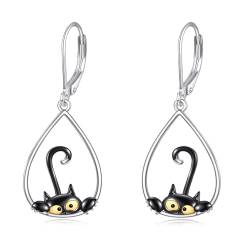 POPLYKE Black Cat Drop Dangle Earrings 925 Sterling Silver Lever Back Cat Jewelry für Mädchen Frauen Weihnachtsgeschenke (Teardrop) von POPLYKE