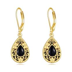 POPLYKE Gold plattiert Schwarz Onyx Stein Blume Filigran Tropfen Ohrringe Sterling Silber Schwarz Turmalin Leverback Ohrringe Schmuck Geschenke für Frauen von POPLYKE