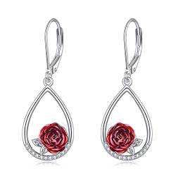 POPLYKE Rote Rose Blume Teardrop Tropfen Ohrringe Sterling Silber Leverback Ohrringe Geburtstag Geschenk für Frauen von POPLYKE