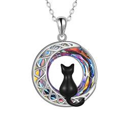 POPLYKE Schwarze Katze Kette für Frauen Mädchen Sterlingsilber Keltischer Mond Rot Kristall Anhänger (Kristall 2) von POPLYKE
