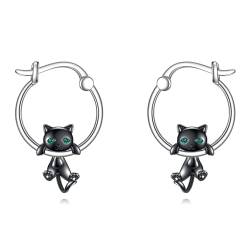 POPLYKE Schwarze Katze Ohrringe für Damen 925 Sterling Silber Katze Creolen Ohrringe für Mädchen Schwarze Katze Geschenke Katze Schmuck von POPLYKE