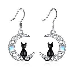 POPLYKE Schwarze Katze Ohrringe für Frauen Sterling Silber keltischen Mond Katze irischen Schmuck für Mama (Mondstein) von POPLYKE