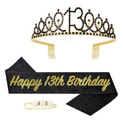 13. Fabulous Geburtstags-Krone Schärpe Set Schwarzes Gold Kristall Tiara Krone Geburtstags Krone für 13. Geburtstag Deko,Prinzessin Kronen Haar-Zusätze für Mädchen Geburtstagsgeschenk Partyzubehör von POPOYU